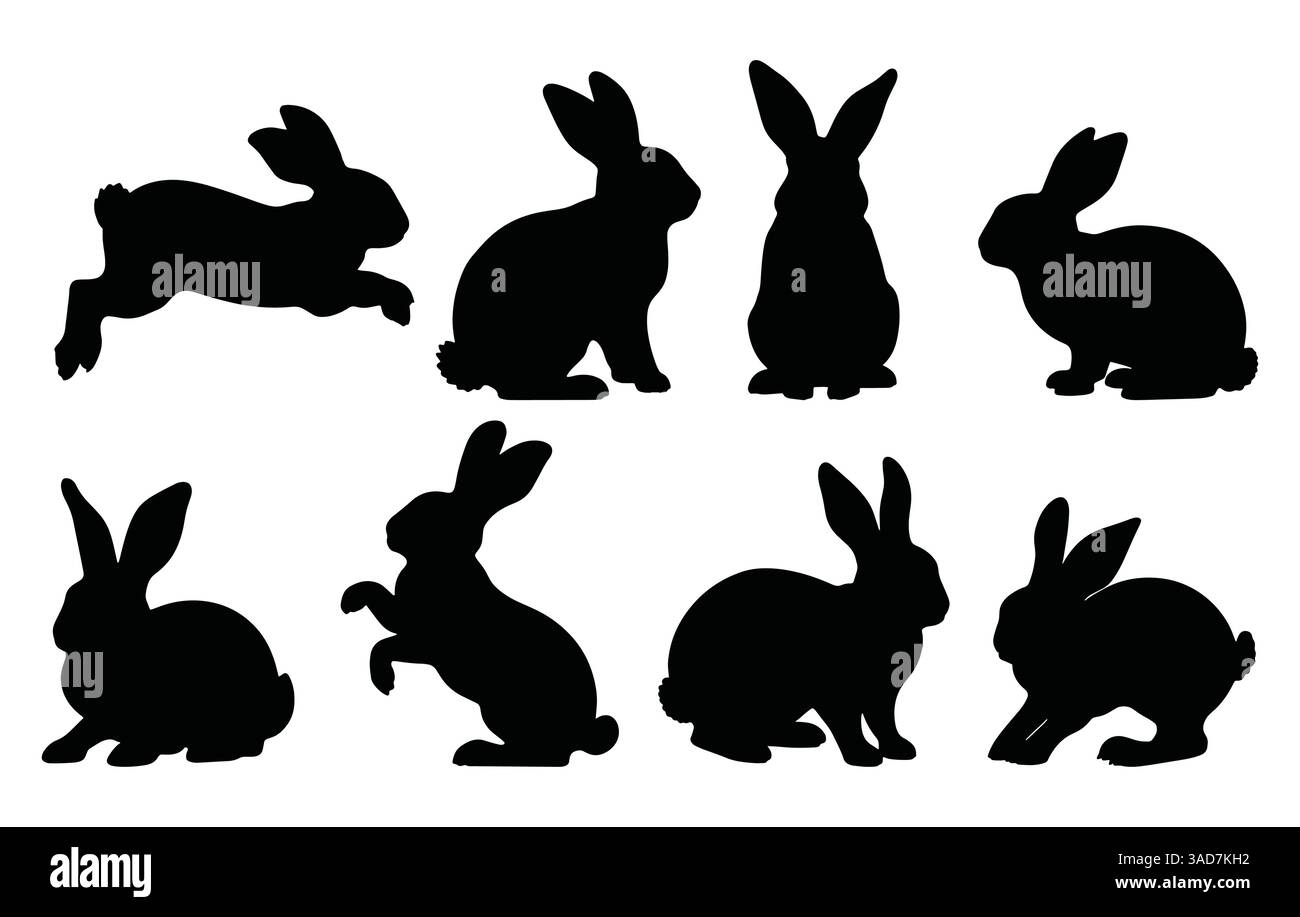 Set di silhouette coniglietto pasquale isolate su sfondo bianco. Varie pose di coniglio, perfette per decorazioni, stampe e per l'uso di design festivo. Illustrazione Vettoriale
