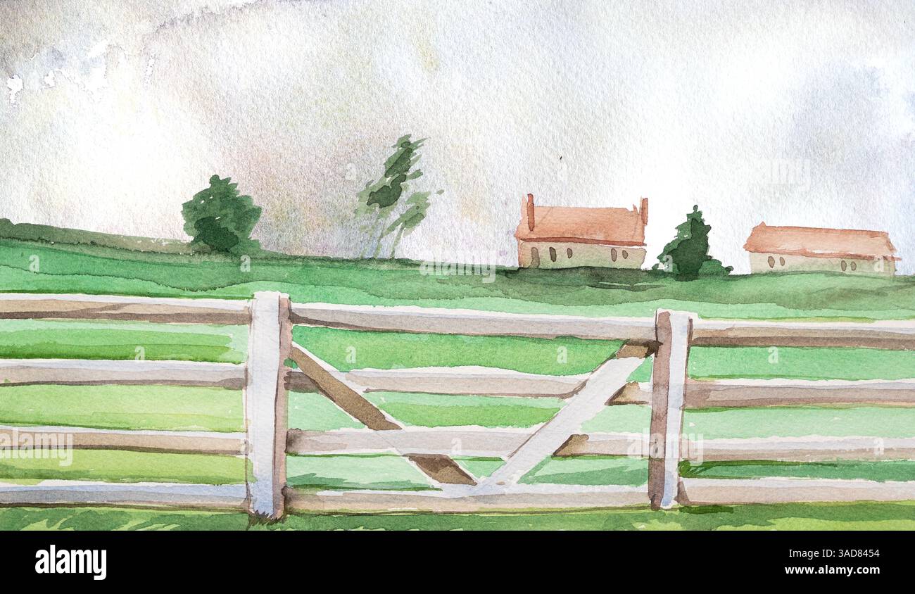 Acquerello, cottage isolato su sfondo bianco. Illustrazione della cabina forestale. Design della casa disegnato a mano. Foto Stock