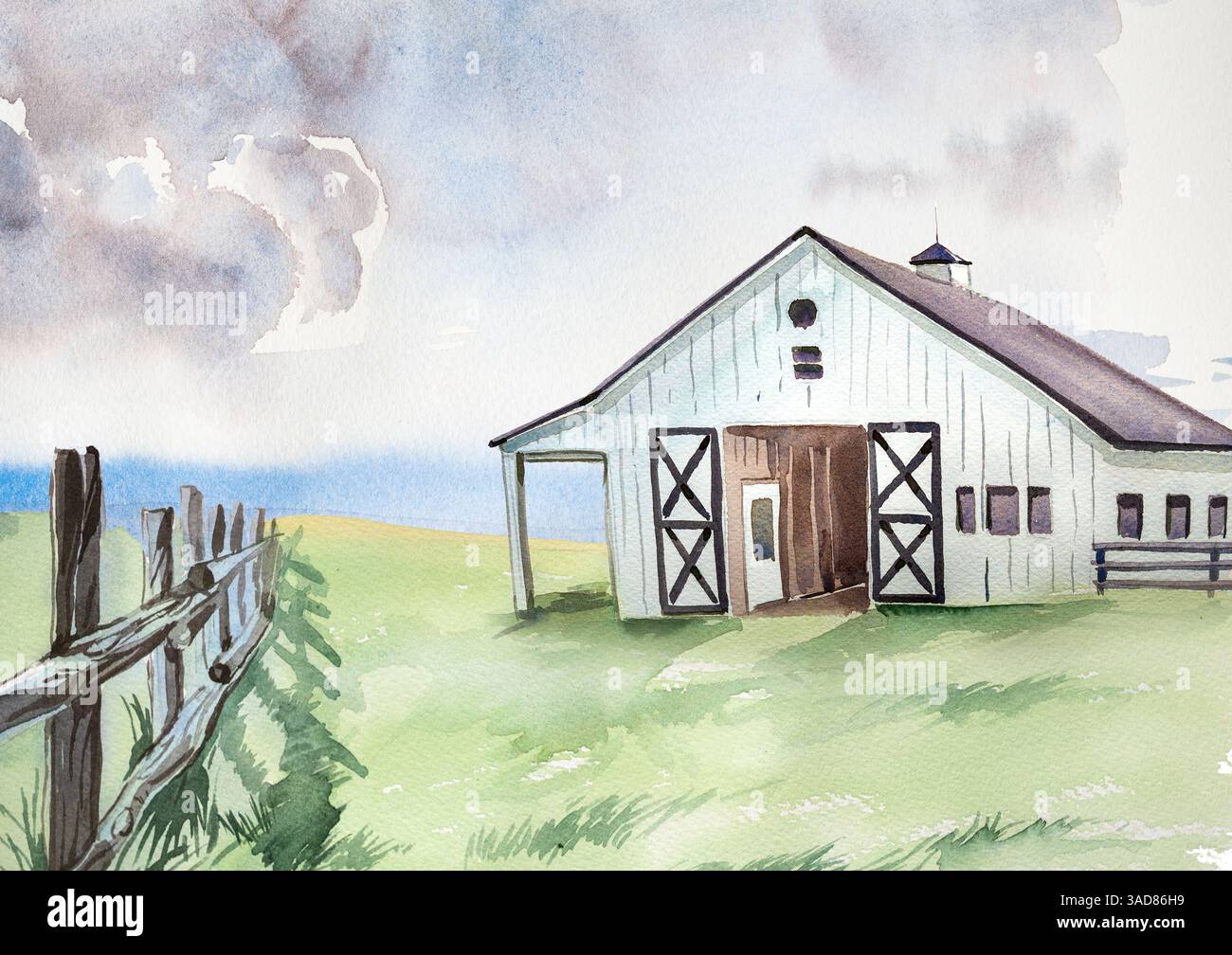 Acquerello, cottage isolato su sfondo bianco. Illustrazione della cabina forestale. Design della casa disegnato a mano. Foto Stock