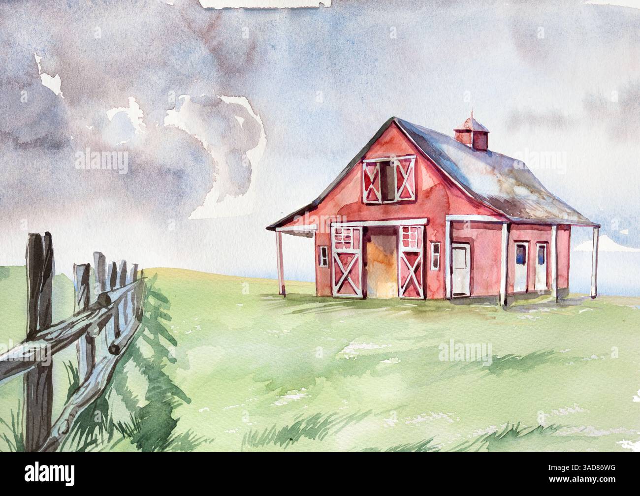 Acquerello, cottage isolato su sfondo bianco. Illustrazione della cabina forestale. Design della casa disegnato a mano. Foto Stock