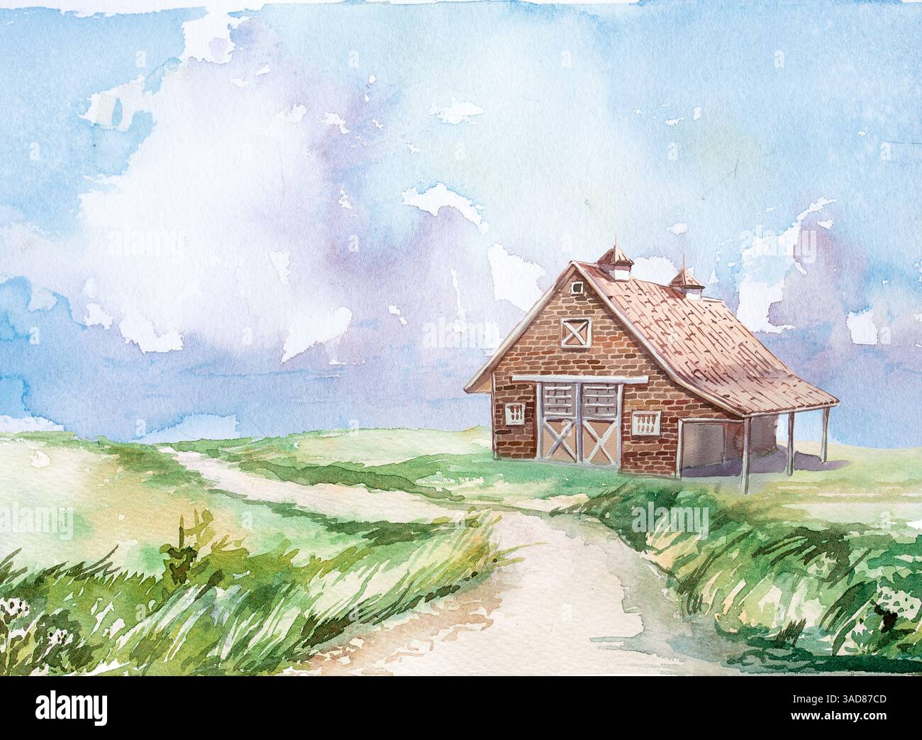 Acquerello, cottage isolato su sfondo bianco. Illustrazione della cabina forestale. Design della casa disegnato a mano. Foto Stock