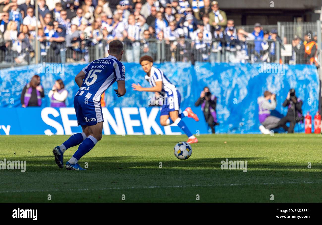 Gothenburg, Svezia. 5 aprile 2025. Momento nel secondo tempo della partita tra IFK Gothenburg e Halmstads BK in Allsvenskan a Gamla Ullevi. Crediti: Per Ljung/Alamy Live News Foto Stock