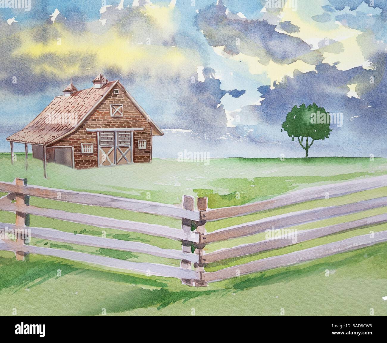 Acquerello, cottage isolato su sfondo bianco. Illustrazione della cabina forestale. Design della casa disegnato a mano. Foto Stock