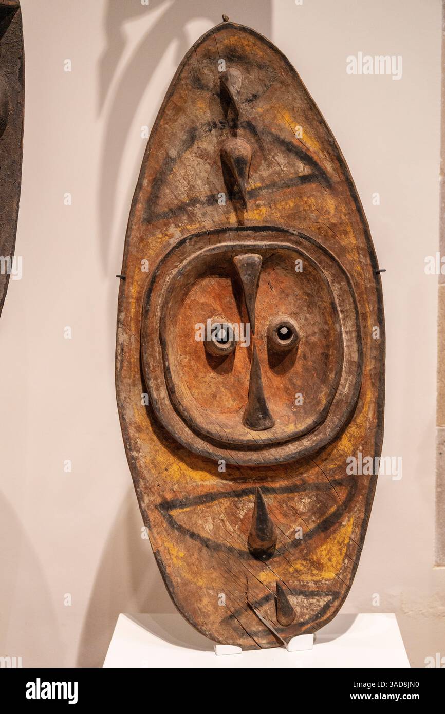 Garra, figura a forma di scudo, Bahinemo, bacino del fiume Saluméi, Hunstein Range, Papua nuova Guinea, XX secolo, legno intagliato e pigmenti naturali MuEC, BARC Foto Stock