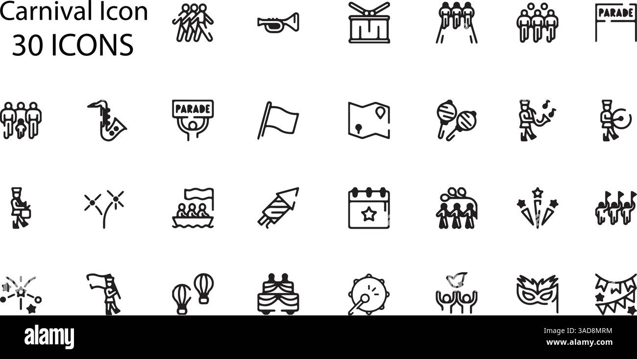 Set di icone di canival. Pacchetto di icone stile line art. illustrazione vettoriale Illustrazione Vettoriale