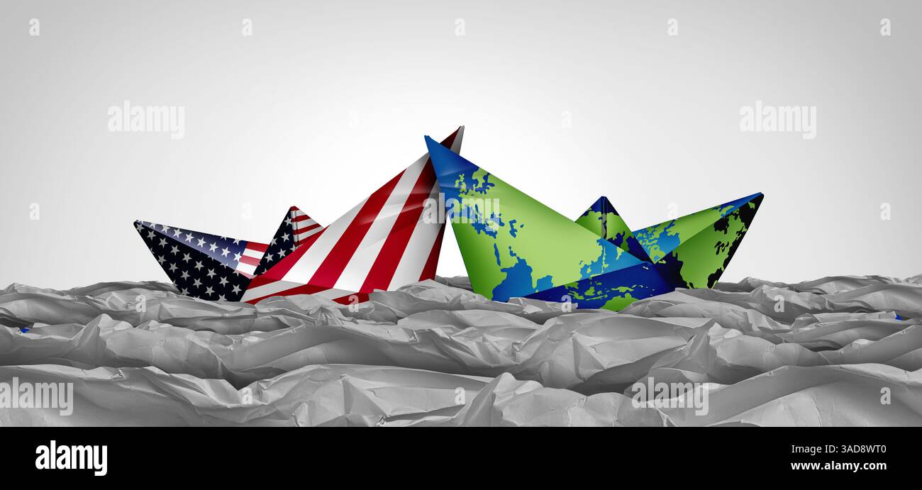 Crisi della guerra commerciale USA disputa economica globale come USA contro mercati internazionali come Cina India Canada e unione europea come tariffe americane con op Foto Stock