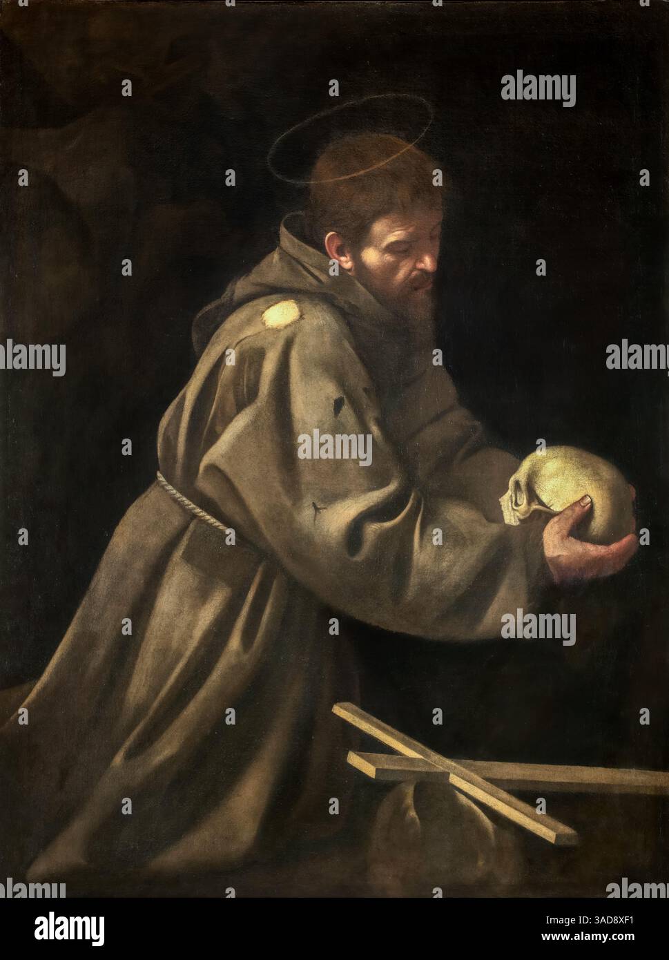 Caravaggio (Michelangelo Merisi) San Francesco in meditazione, 1606-1607, olio su tela, Palazzo Barberini, Roma, Italia (restaurata digitalmente) Foto Stock