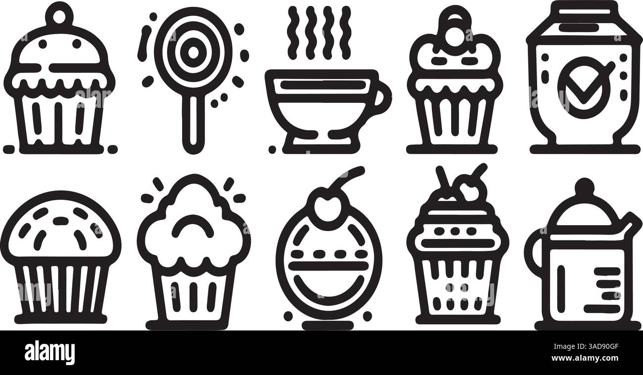 Collezione di icone del tratto dei prodotti da forno - Design del contorno modificabile contenente articoli da forno Illustrazione Vettoriale