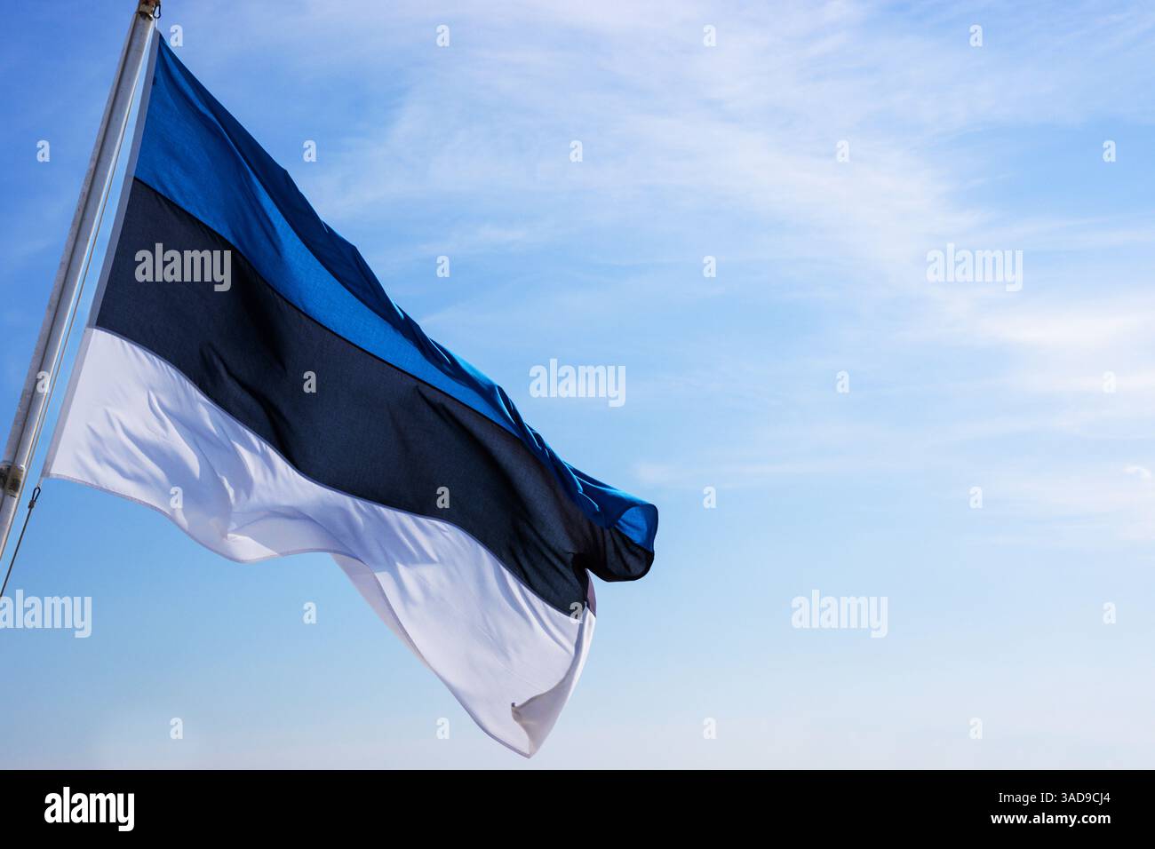 Bandiera dell'Estonia che sventola contro il cielo azzurro con nuvole bianche. Bandiera estone con strisce blu, nere e bianche che sventolano nel vento. Patrioti astratti Foto Stock