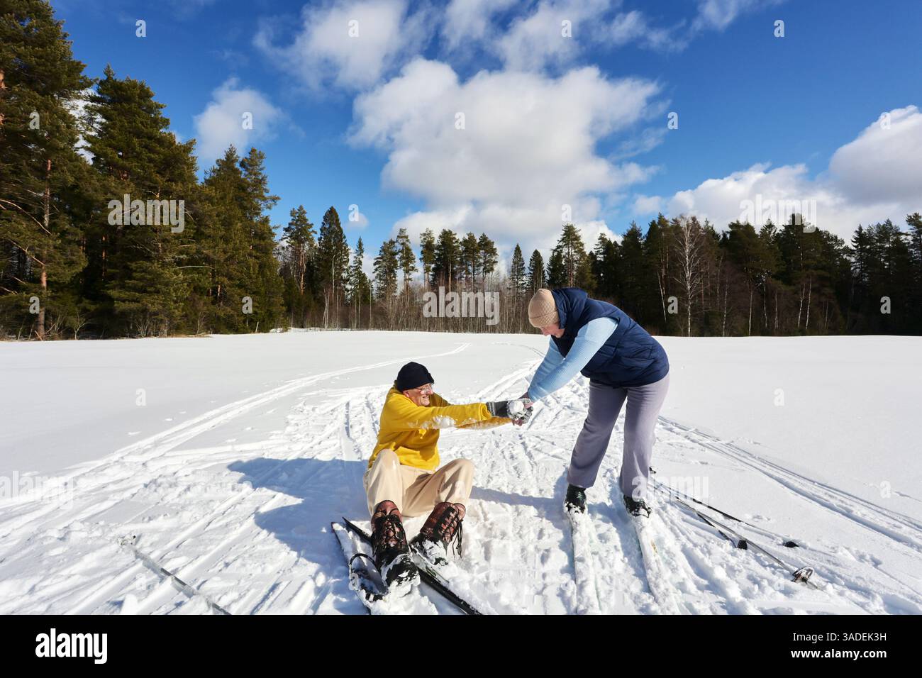 Anziani coppia, famiglia, sci di fondo, donna assiste uomo caduto nella neve, ampio campo bianco riflette la luce vicino agli alberi, luminoso ambiente diurno Foto Stock