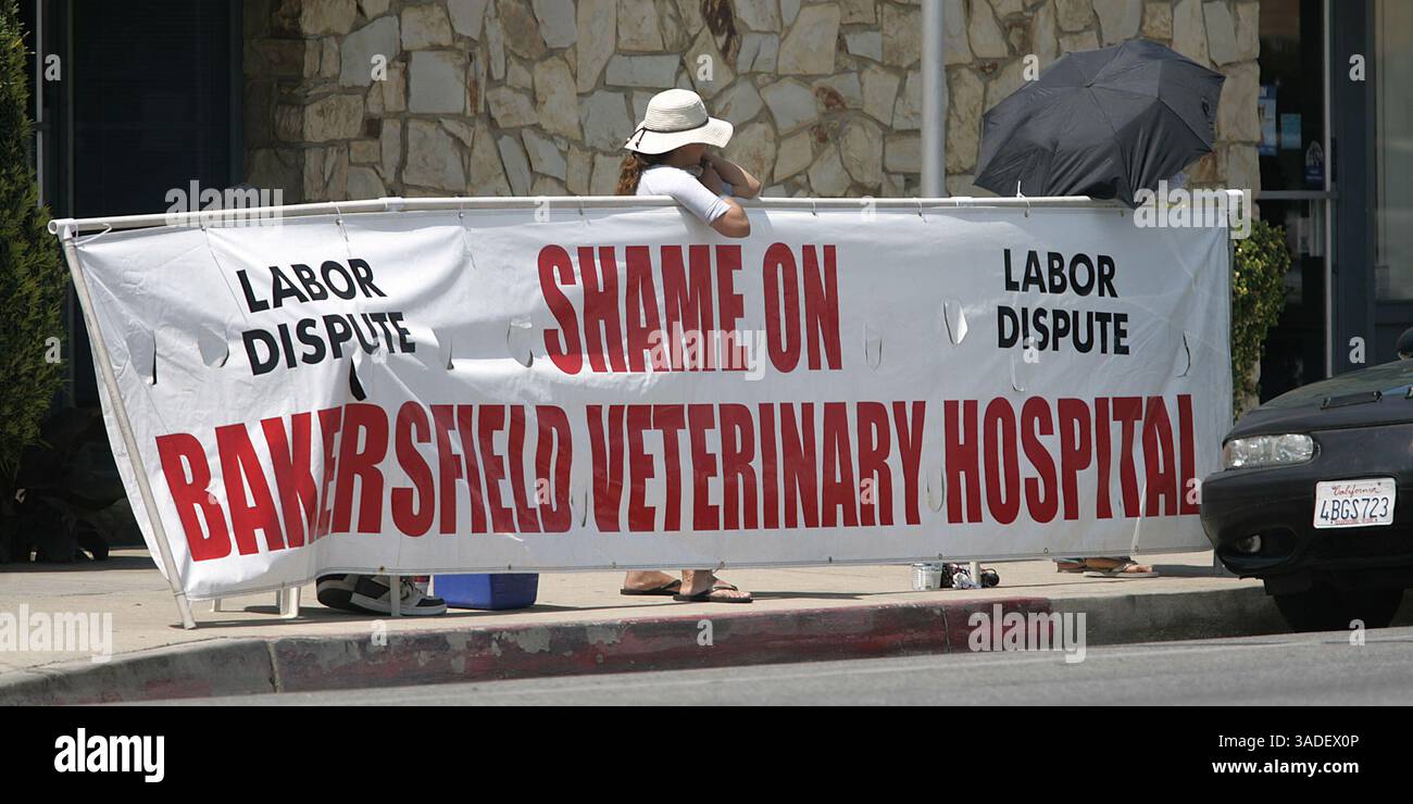 Casey Christie / The Californian. Molti hanno un cartello con la scritta "vergogna", di fronte al Bakersfield Veterinary Hospital in Chester Avenue. (Immagine di credito: The Bakersfield Californian/ZUMAPRESS.com) Foto Stock