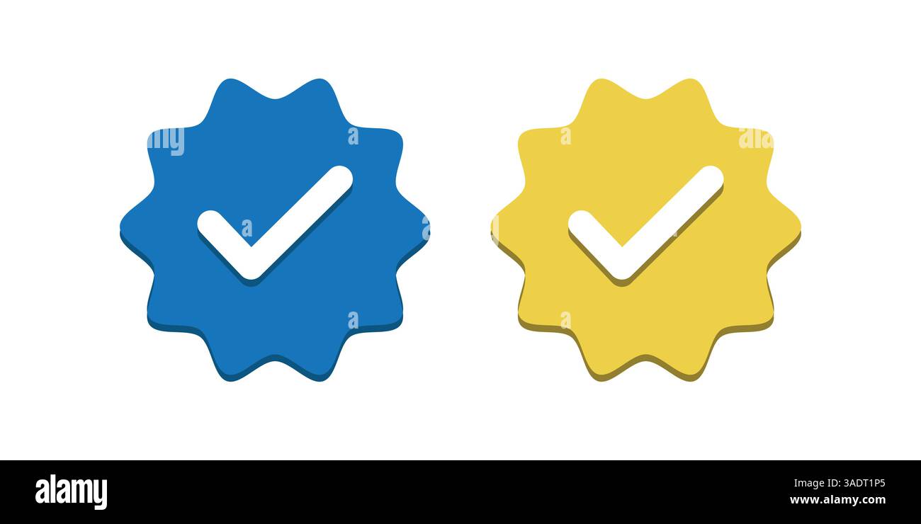 Segni di spunta per la verifica dei social media vettoriali blu, grigio, oro e nero, etichette dei profili. Illustrazione Vettoriale