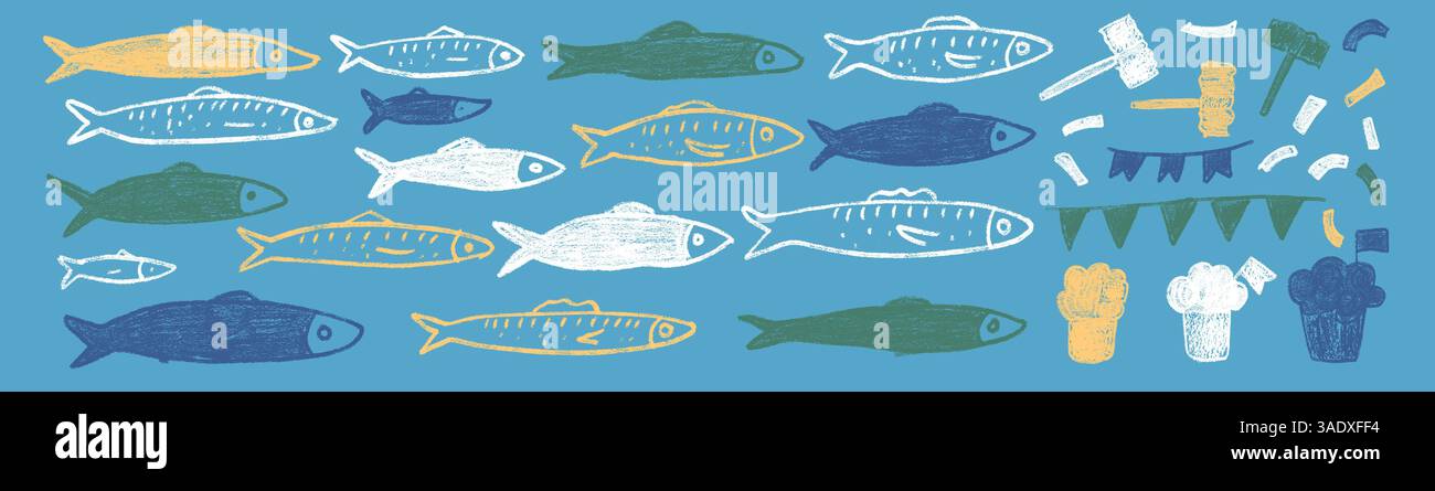 Set di scarabocchi per la linea di pesci. Festival Santos Populares. Sardine, martello, coriandoli disegnati a mano. Pesce con ghirlande, manjerico, elementi da festa. VEC Illustrazione Vettoriale