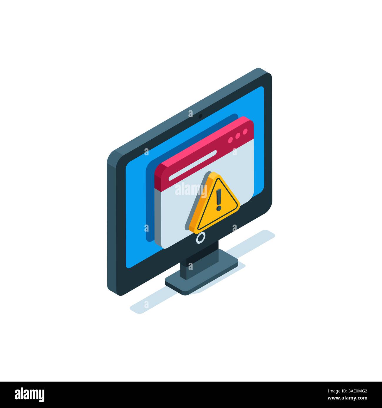 icona isometrica del monitor con finestra del programma aperta e punto esclamativo a colori su sfondo bianco, errore o errore software Illustrazione Vettoriale