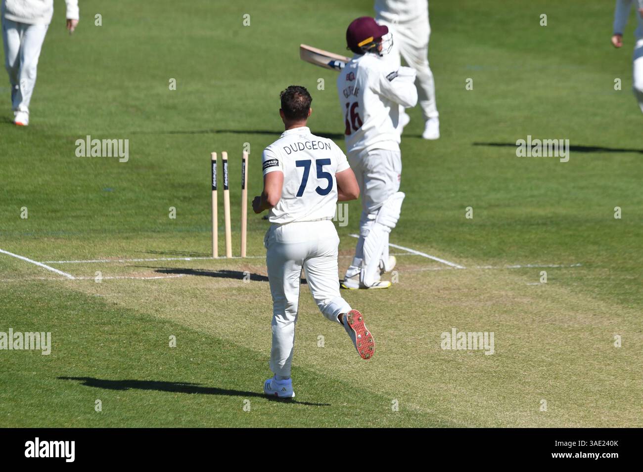 Northampton, Inghilterra. 6 aprile 2025. Durante il terzo giorno della partita della Rothesay County Championship Division Two tra il Northamptonshire County Cricket Club e il Kent County Cricket Club e il County Ground, Northamptonshire. Kyle Andrews/Alamy Live News. Foto Stock
