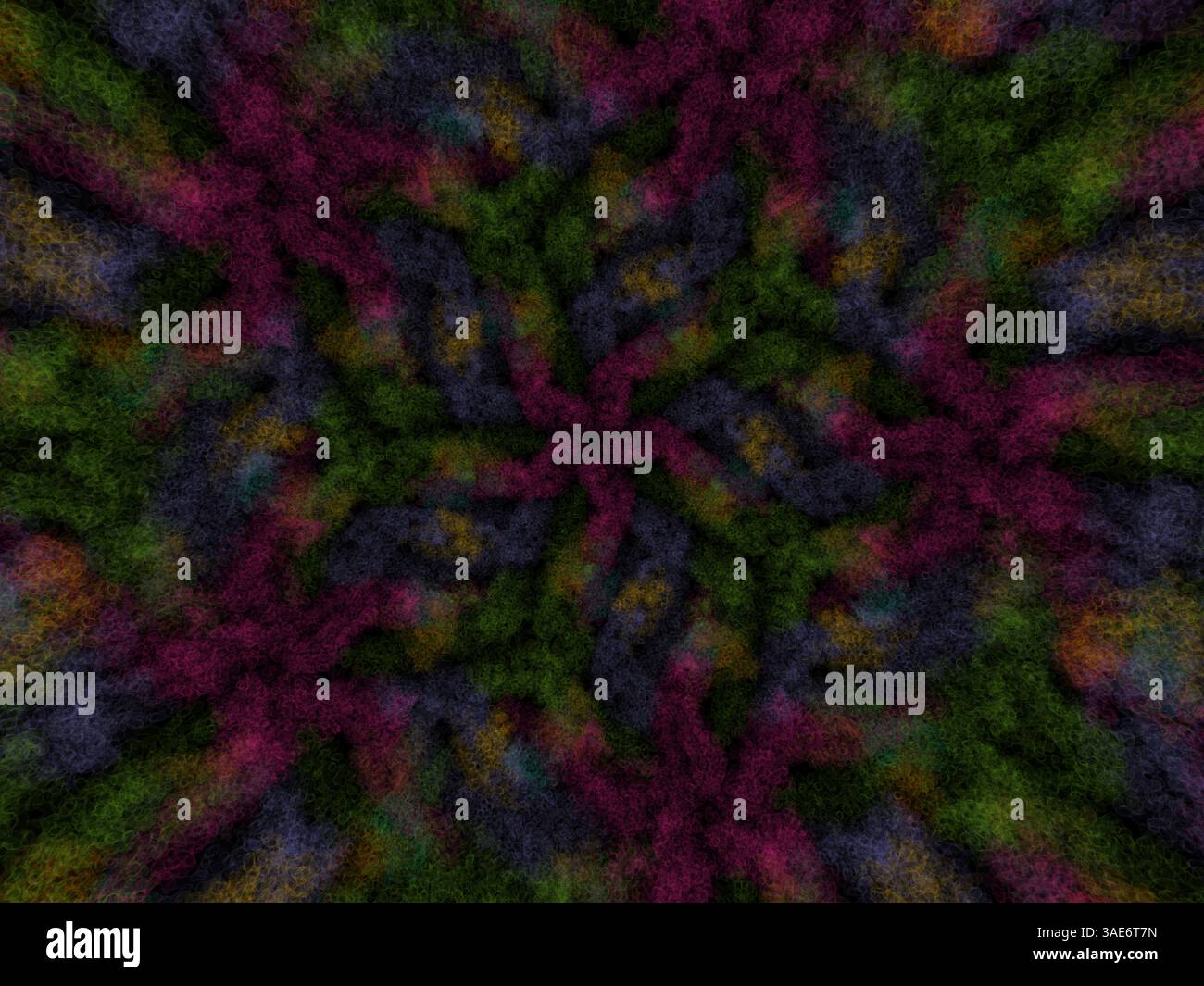 Spirale molecolare astratta scura con vibranti elementi multicolori, struttura biologica organica su sfondo nero. Foto Stock