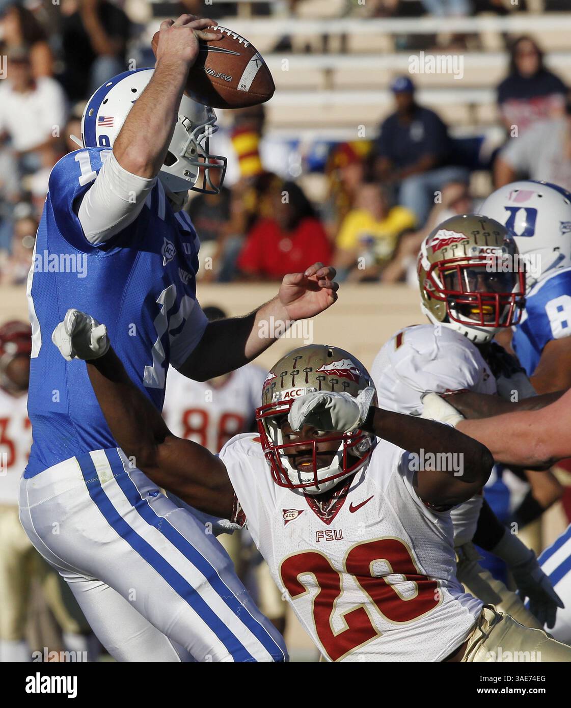 15 ottobre 2011 - Durham, NC, USA - il quarterback Duke Sean Renfree (19) tenta di evitare di essere licenziato dalla safety della Florida Lamarcus Joyner (20) al Wallace Wade Stadium di Durham, Carolina del Nord, sabato 15 ottobre 2011. Lo Stato della Florida sconfisse il Duca, 41-16. (Immagine di credito: © Chuck Liddy/Raleigh News & Observer/MCT/ZUMAPRESS.com) Foto Stock