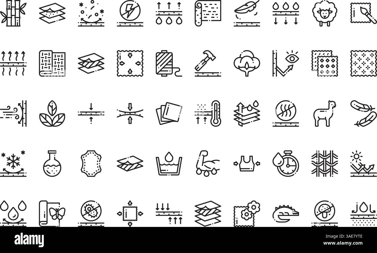 Icone delle funzioni dei tessuti Collezione di icone vettoriali di alta qualità con traccia modificabile. Ideale per progetti professionali e creativi Illustrazione Vettoriale