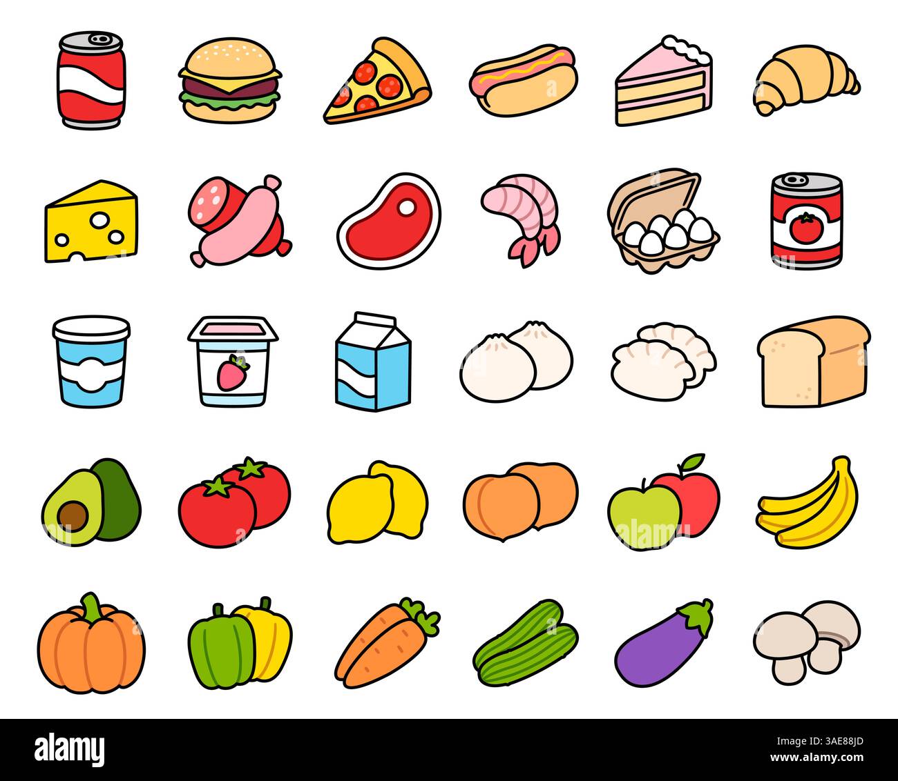Icone di cibo disegnate a mano in stile doodle: Carne e latticini, frutta e verdura, fast food. Set di illustrazioni disegnate a mano. Illustrazione Vettoriale