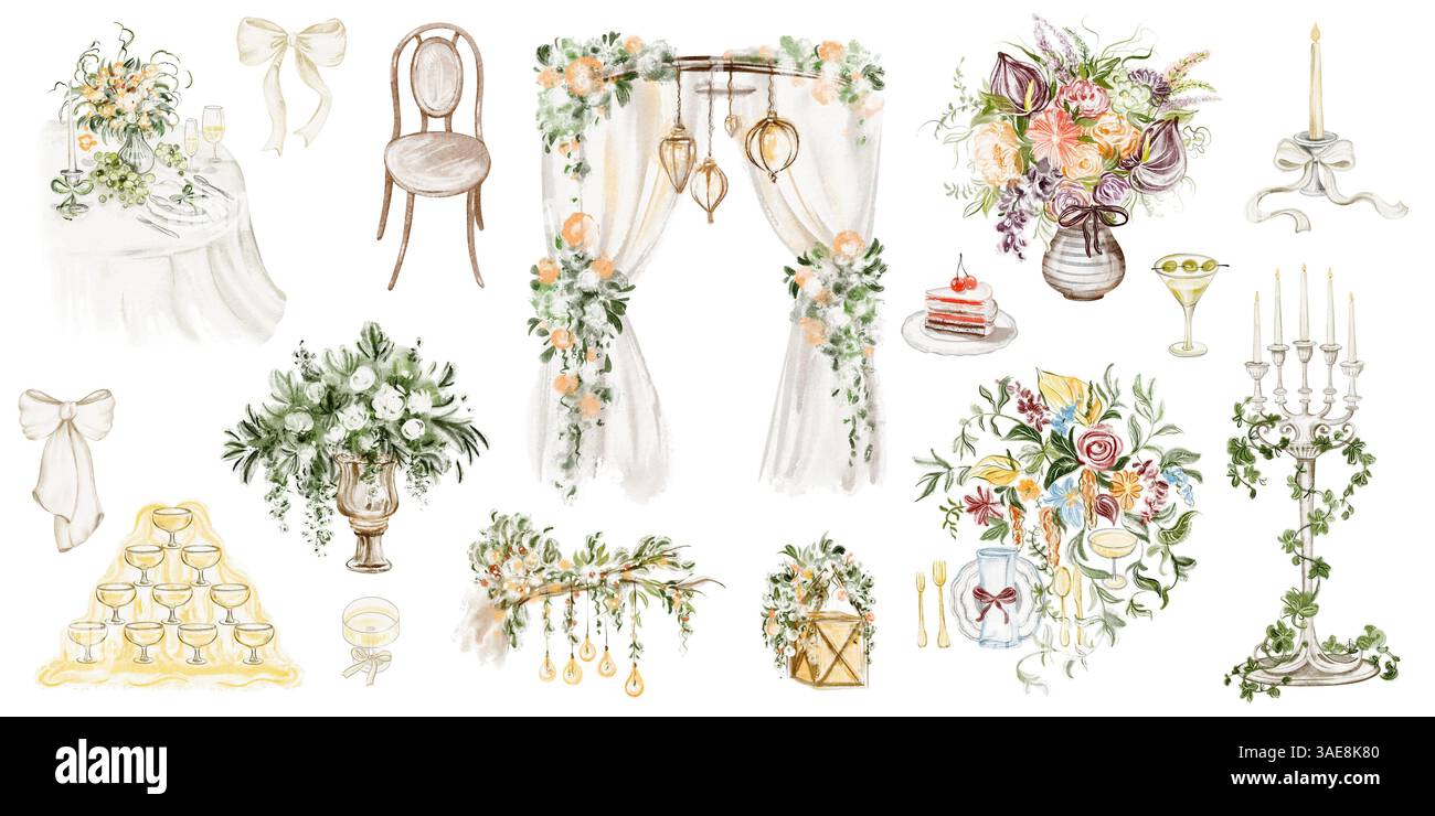 Illustrazione ad acquerello di elementi di nozze, tra cui bouquet, torta, bicchieri da champagne e nastri. Design disegnato a mano per festeggiamenti romantici e ma Foto Stock