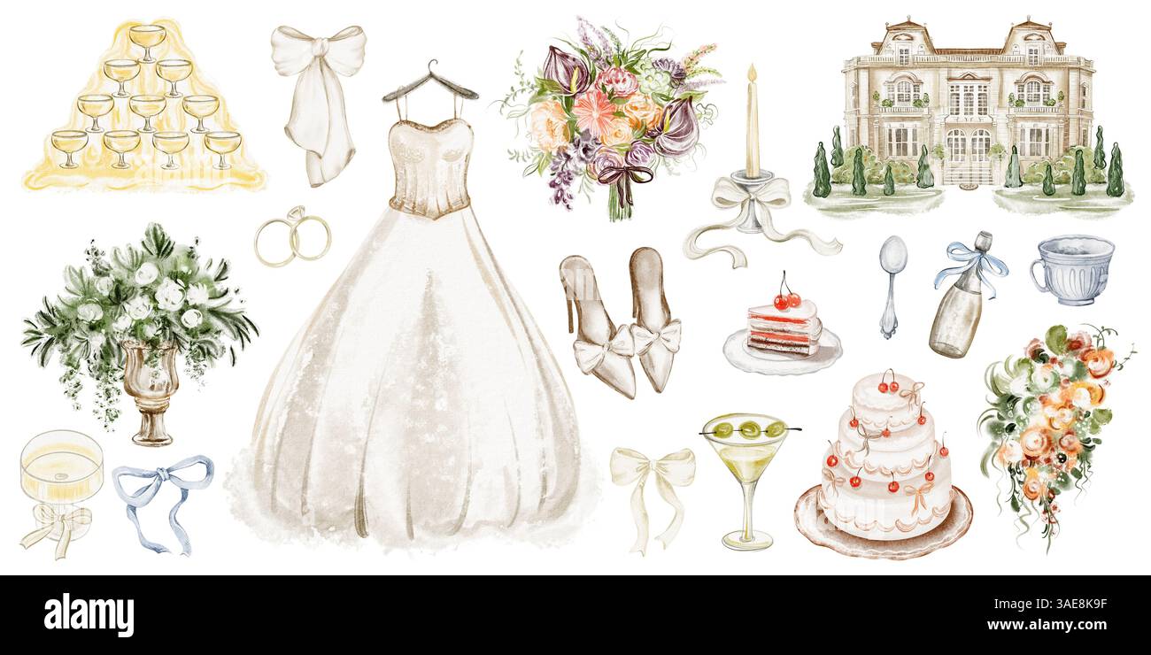 Illustrazione ad acquerello di elementi di nozze, tra cui bouquet, torta, bicchieri da champagne e nastri. Design disegnato a mano per festeggiamenti romantici e ma Foto Stock
