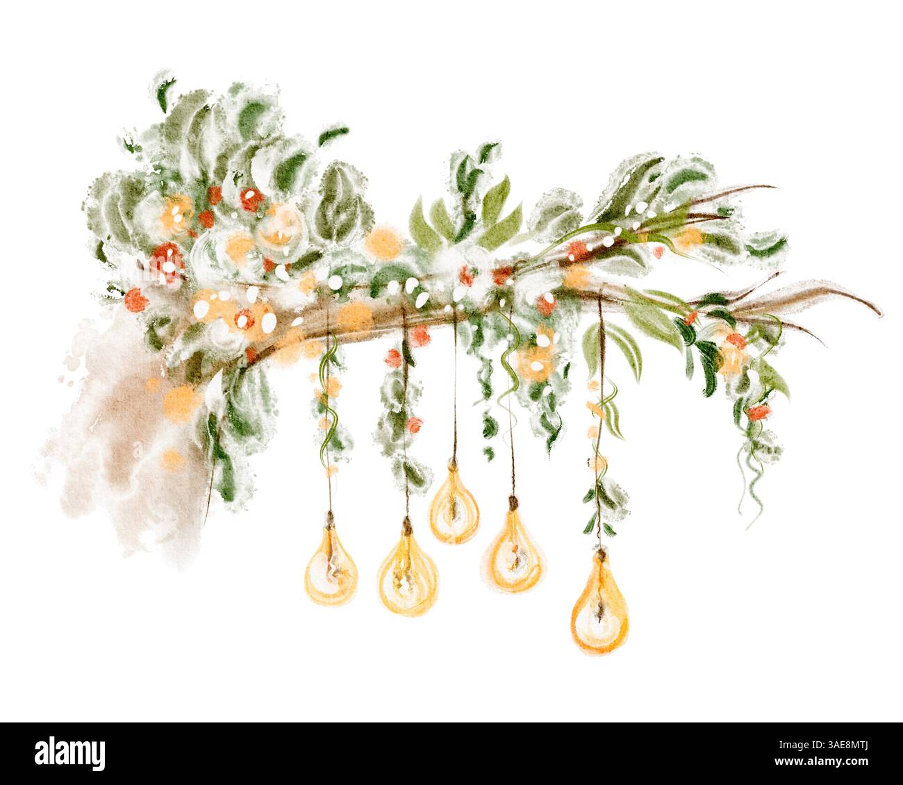 Illustrazione ad acquerello di un arco floreale con lampadine incandescenti. Disegno di un giardino di festa per matrimoni estivi o feste all'aperto. Arte Foto Stock