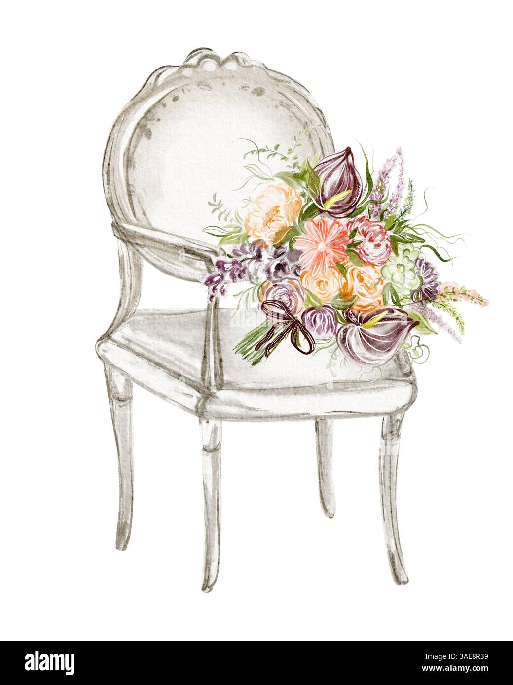 Illustrazione ad acquerello di un romantico bouquet nuziale sdraiato su una sedia. Allestimento florista di nozze disegnato a mano per inviti per decorazioni da cerimonia. Foto Stock