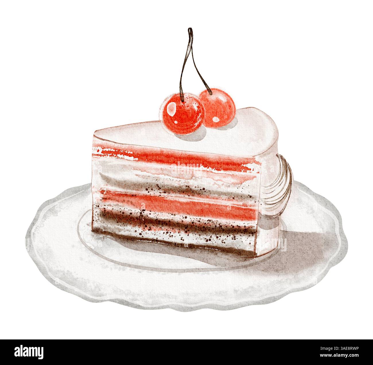 Illustrazione ad acquerello di una fetta di pan di Spagna con glassa e ciliegia, catturando l'eleganza e la dolcezza di un dessert nuziale. Per gli sposi Foto Stock