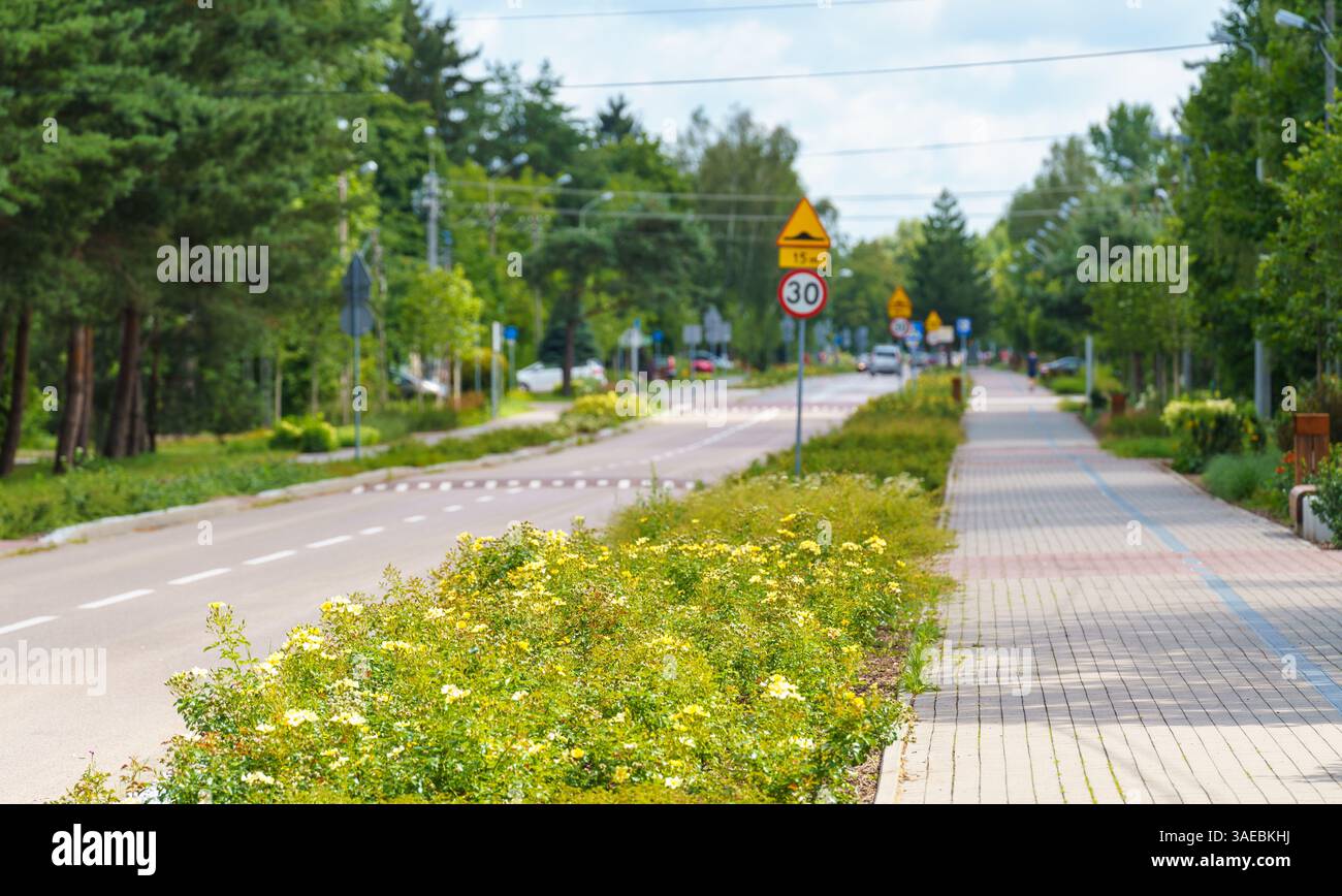 Ricca, verde e tranquilla zona residenziale vicino alla capitale. Polonia vicino a Varsavia. Strada tranquilla in un quartiere ricco. Michałowice. Foto Stock