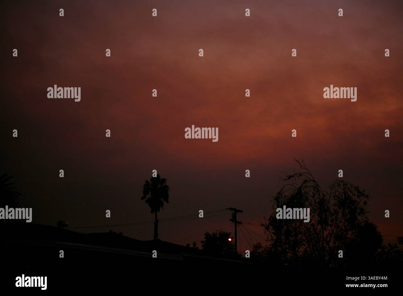 25 ottobre 2007 - Orange, CALIFORNIA, Stati Uniti - i cieli della contea di Orange sono coperti di fumo mentre i vigili del fuoco in tutta la California meridionale combattono le fiamme. Il più vicino, il Santiago Fire, a pochi chilometri di distanza, è contenuto al 30% secondo il California Department of Forestry and Fire Protection. I funzionari confermano giovedì mattina che l'incendio di Santiago è stato intenzionalmente avviato da un piromane in due posti lungo una stradina poco trafficata. NELLA FOTO: Poco prima del tramonto, il cielo risplende di arancio dietro gli alberi in arancione con fumo che aleggia dopo che i venti si sono calati il 24 ottobre 2007 (Cre Foto Stock