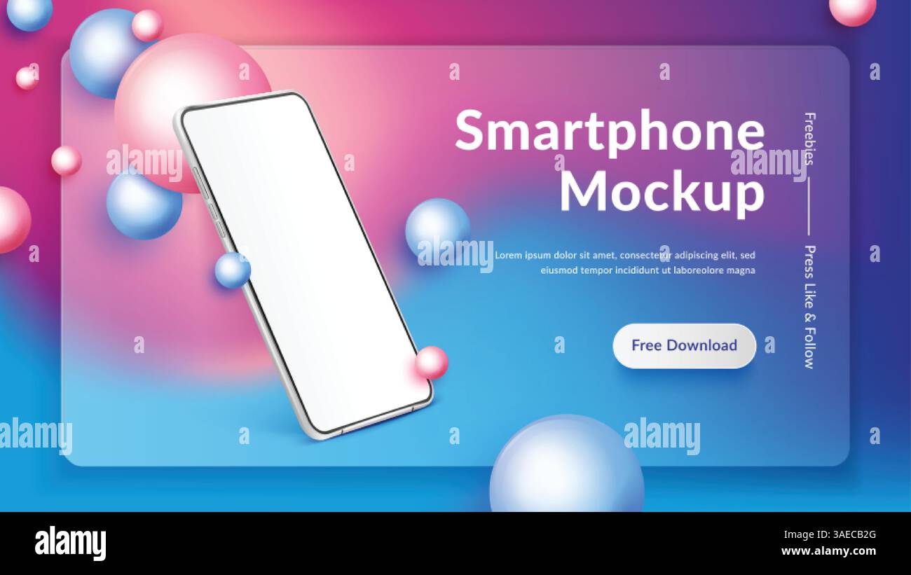 Mockup realistico per smartphone. telefono cellulare 3d con schermo vuoto su sfondo a colori. Modello di modello vettoriale moderno per telefoni cellulari nella scena astratta con p Illustrazione Vettoriale