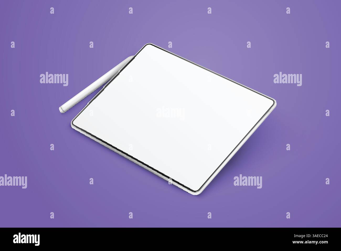Tavoletta vuota e penna su sfondo viola, posizione ruotata. Dispositivo in vista prospettica. Mockup di tablet da angolazioni diverse. Immagine del dispositivo Illustrazione Vettoriale