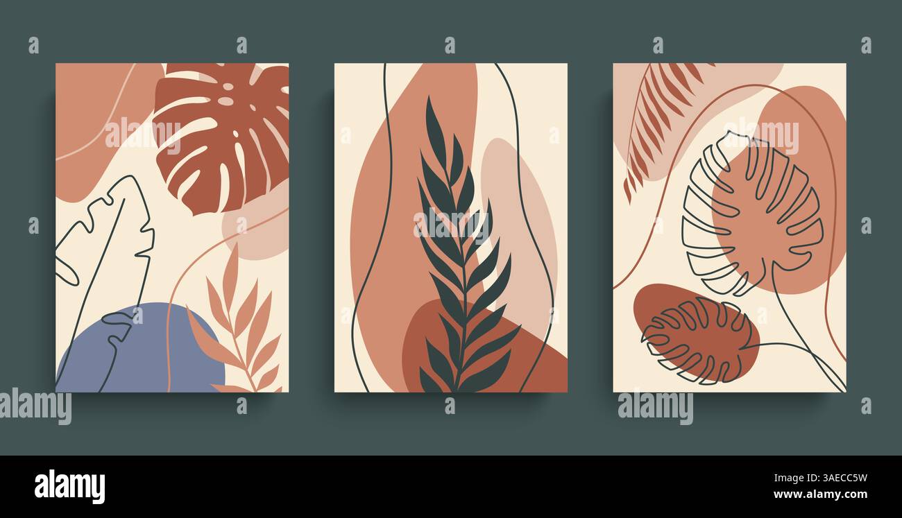 Set vettoriale di opere d'arte sulle pareti delle foglie tropicali. Arte vegetale astratta in tonalità terra con forme geometriche. Design botanico vettoriale minimale per carte di credito, poster, copertina Illustrazione Vettoriale
