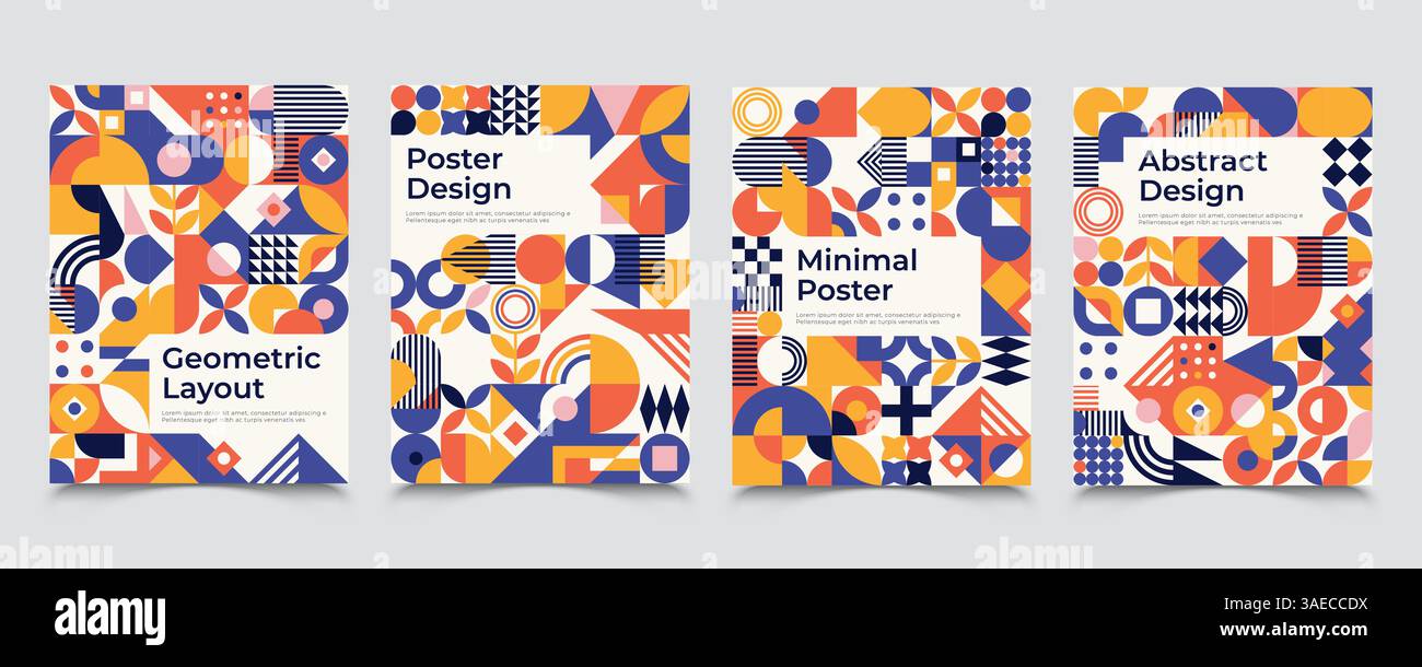 Quattro poster ispirati al bauhaus con figure quadrate, ombre e testo. Brochure astratte dallo stile minimal e moderno. Poster retrò astratti con cifre di base temp Illustrazione Vettoriale