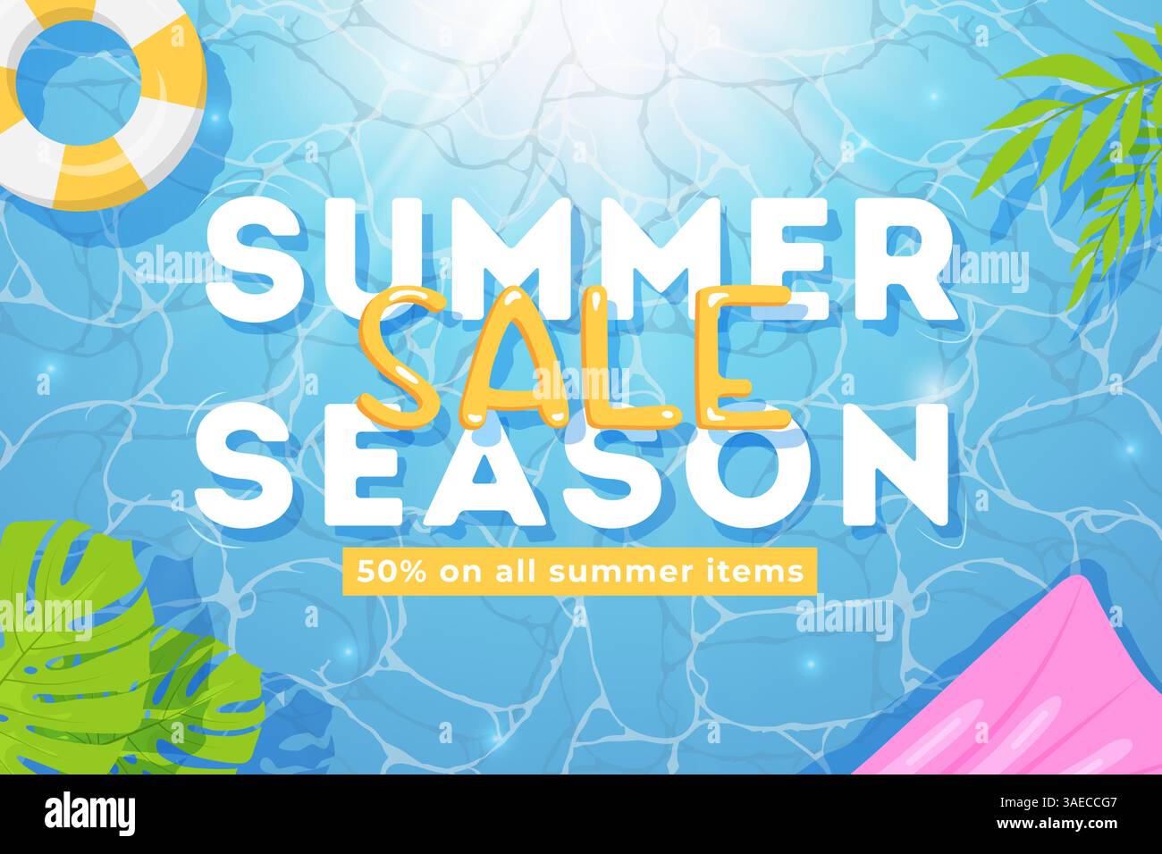 Banner promozionale Blue Summer Vector. Vista dall'alto delle decorazioni estive con mare, raggi del sole, piante e oggetti. Concetto di vendita stagionale Illustrazione Vettoriale