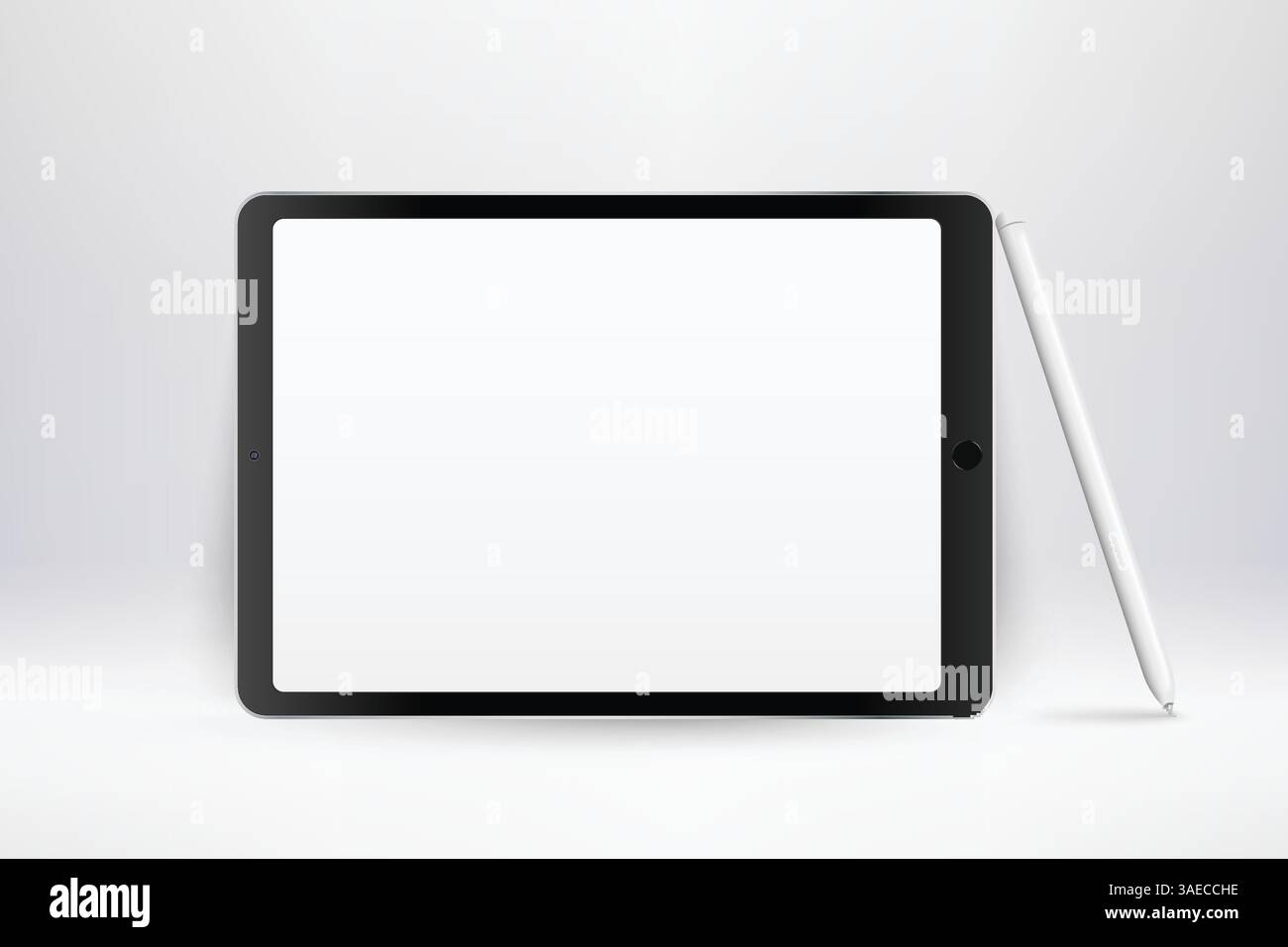 Un modello realistico di un tablet. dispositivo 3d con penna e schermo bianco vuoto. Moderno modello tablet con cornice su sfondo chiaro. Immagine dello schermo 3d del dispositivo Illustrazione Vettoriale