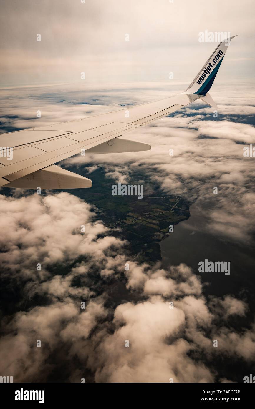 Ala di un aereo che vola su uno sfondo nuvoloso. Foto Stock