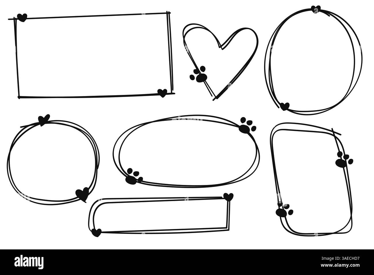 Telaio impronta animale domestico. Telai a forma di doodle con zampe di cane o gatto e cerchio. Cerchio disegnato a mano, cuore, bordo quadrato con gradini di animali. Vect Illustrazione Vettoriale