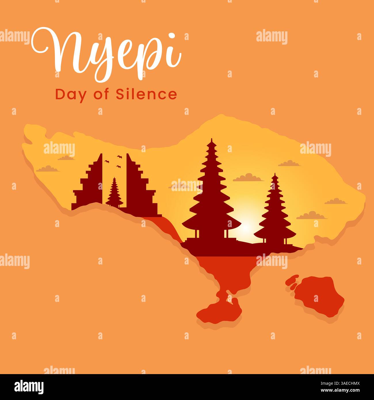 Una calda e simbolica illustrazione vettoriale che celebra Nyepi, la giornata balinese del silenzio. Caratterizzato dalla silhouette dell'isola di Bali con un'atmosfera tradizionale Illustrazione Vettoriale