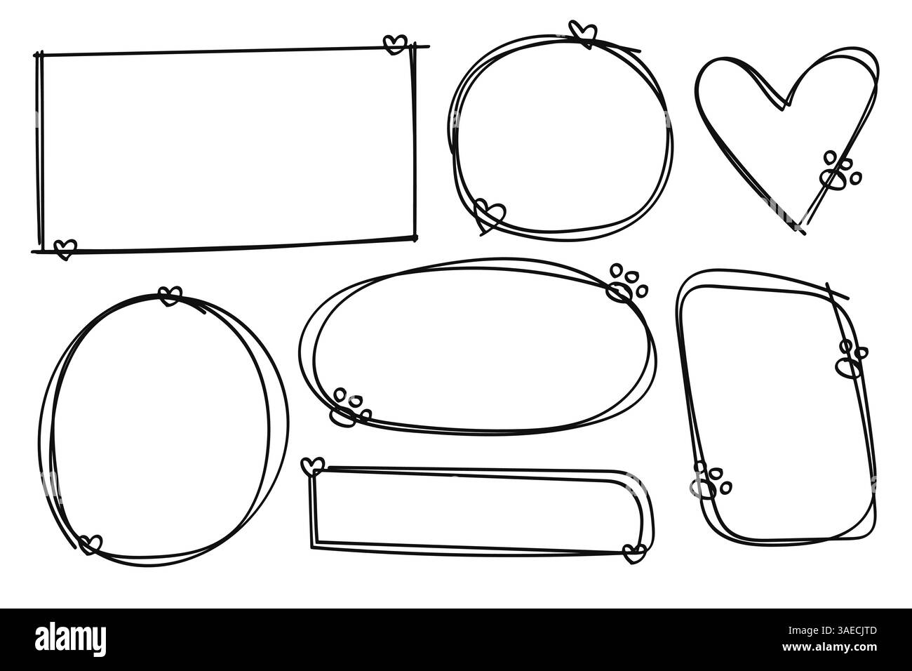 Telaio impronta animale domestico. Telai a forma di doodle con zampe di cane o gatto. Cerchio disegnato a mano, cuore, bordo quadrato con gradini di animali. Illustrazione vettoriale Illustrazione Vettoriale