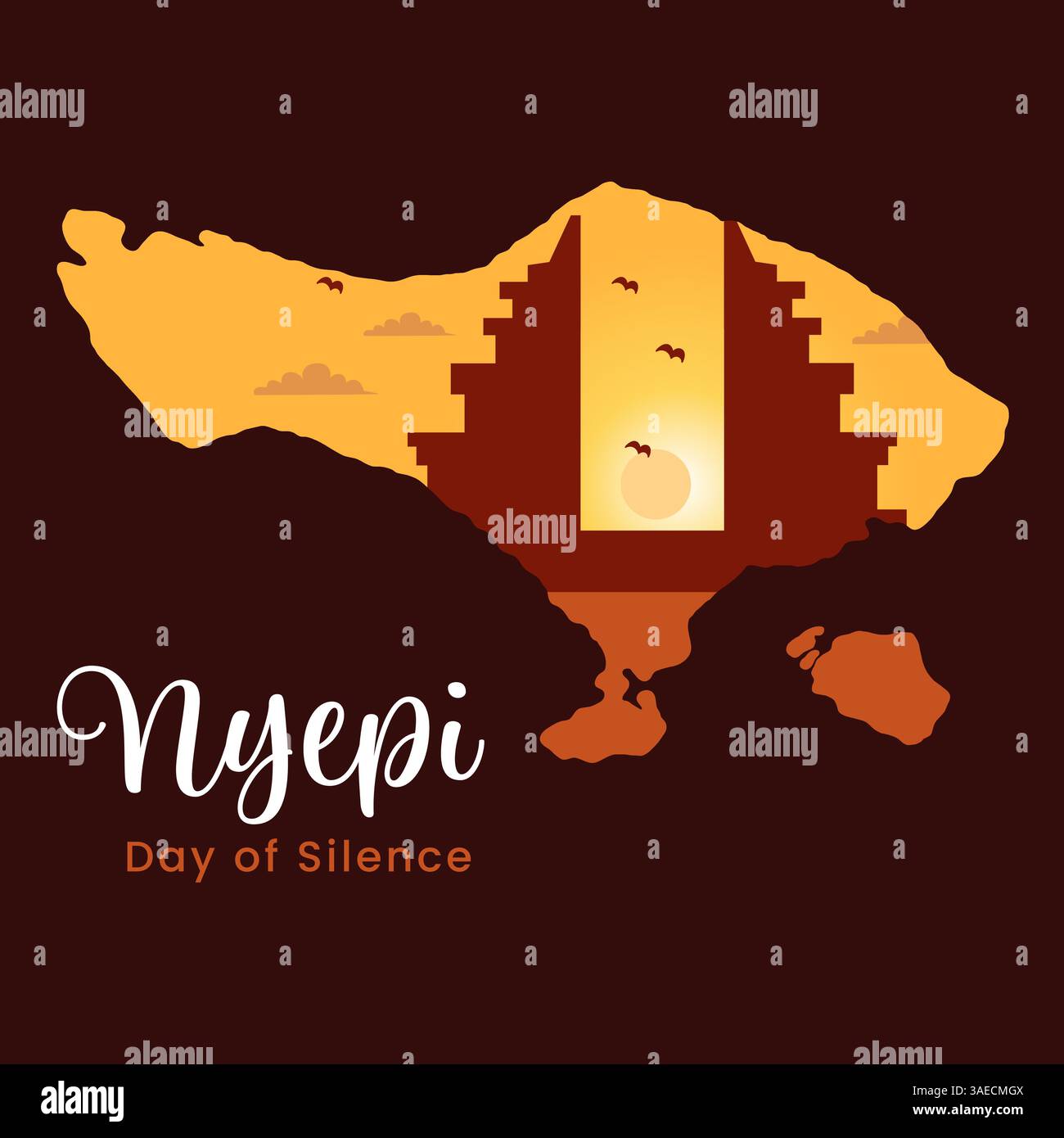 Una calda e simbolica illustrazione vettoriale che celebra Nyepi, la giornata balinese del silenzio. Caratterizzato dalla silhouette dell'isola di Bali con un'atmosfera tradizionale Illustrazione Vettoriale