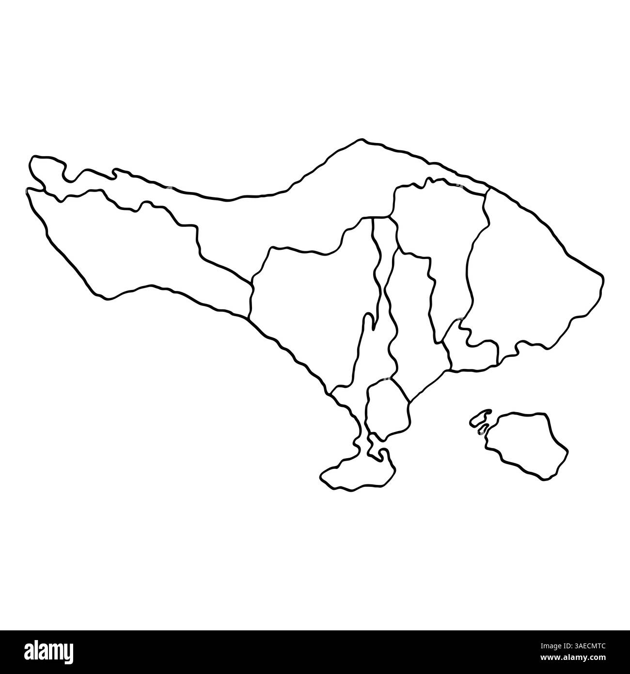 Mappa dell'isola di Bali con titolo. La mappa dell'isola di Bali è isolata su uno sfondo bianco. Semplice mappa geografica piatta. Illustrazione Vettoriale