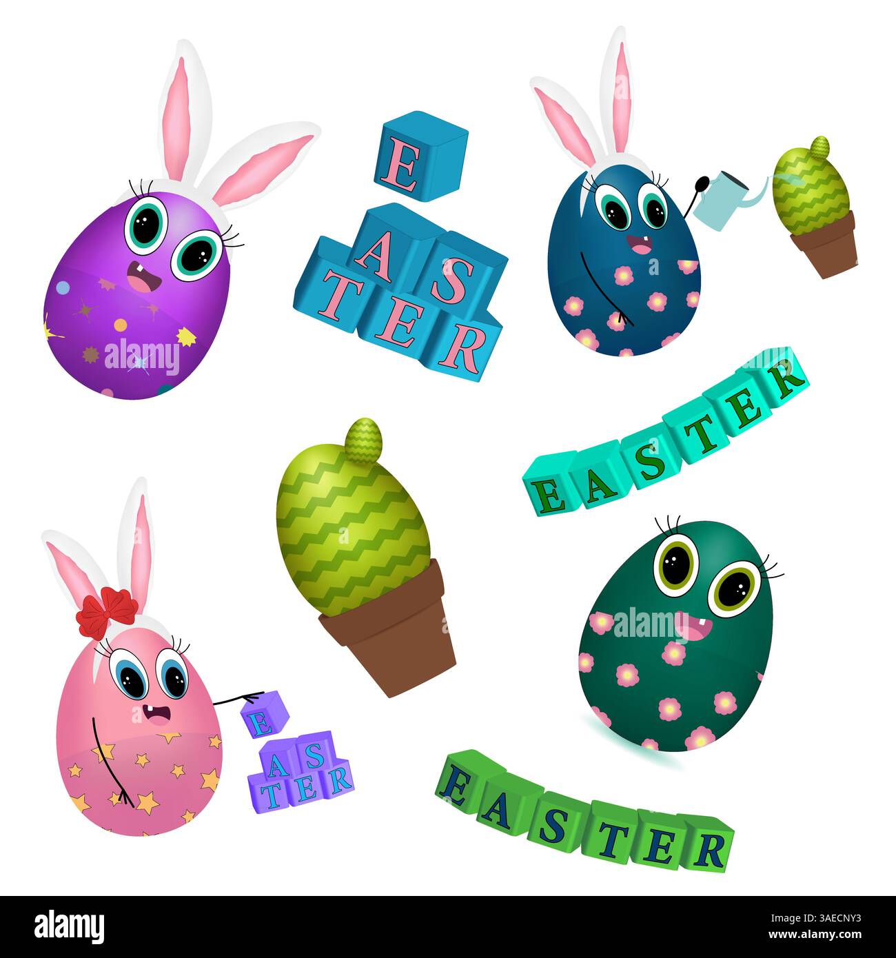 Scenografia colorata a tema pasquale con personaggi antropomorfi: Uova di Pasqua decorate per bambini con orecchie da coniglio, espressioni giocose Illustrazione Vettoriale