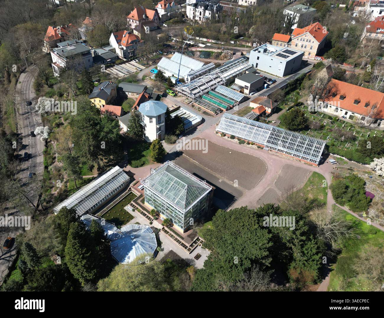 04.04.2025 Sachsen Anhalt Sachsen-Anhalt Botanischer Garten der Martin Lutero Universität Halle Wittenberg Halle-Wittenberg Ansicht Luftbild Luftaufnahme *** 04 04 2025 Sassonia Anhalt Sassonia Anhalt Giardino Botanico di Martin Lutero Università Halle Wittenberg Halle Wittenberg Vista aerea Vista aerea Foto Stock
