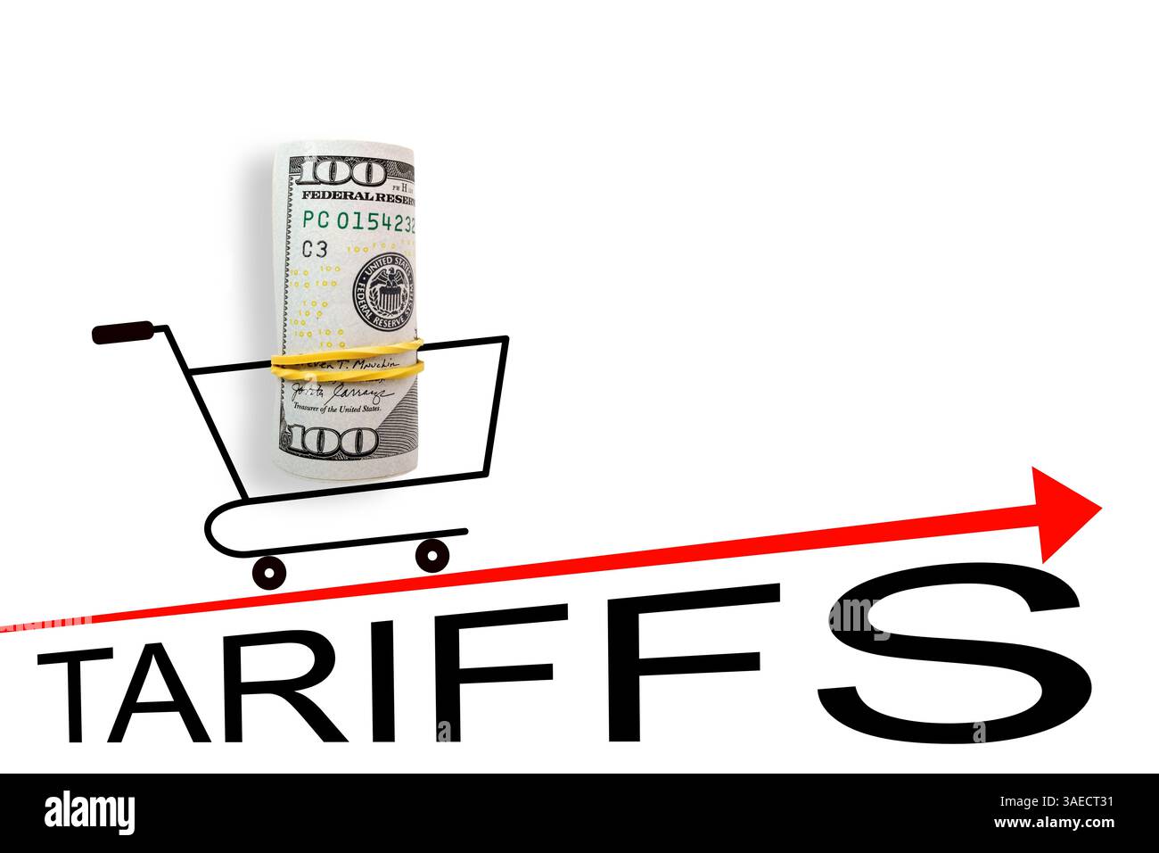 Carrello con 100 dollari sulla freccia rossa. Guerra commerciale e tariffaria. Concetto di crisi economica, inflazione e prezzi delle materie prime Foto Stock