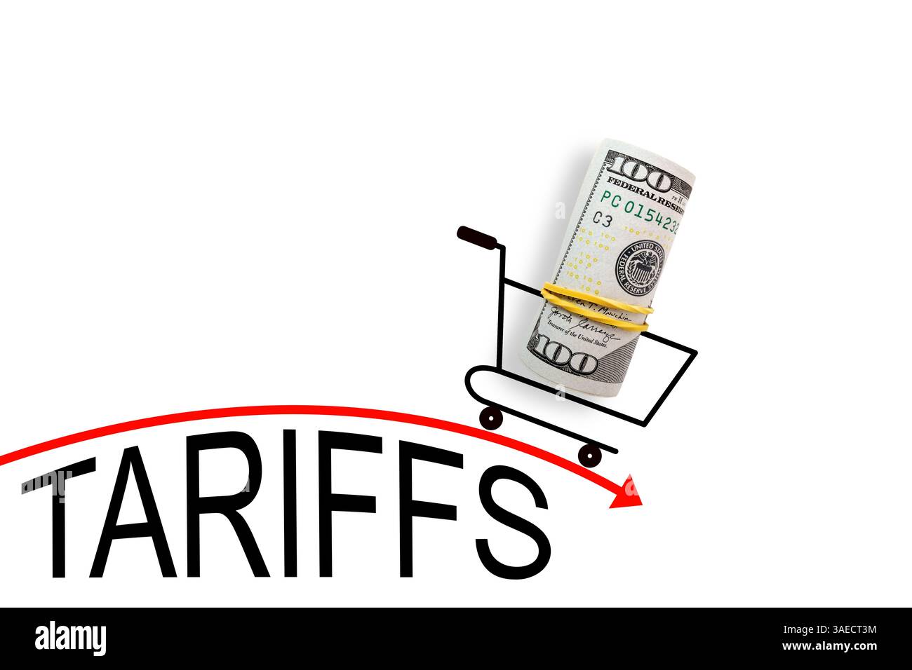 Carrello con 100 dollari sulla freccia rossa. Guerra commerciale e tariffaria. Concetto di crisi economica, inflazione e prezzi delle materie prime Foto Stock