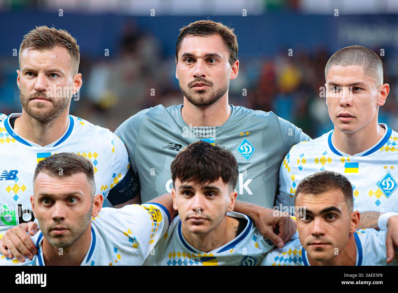 LUBLINO, POLONIA - 6 AGOSTO 2024: Partita di qualificazione della UEFA Champions League Dynamo Kiev vs Rangers 1:1. Nella foto Georgi Bushchan (parte superiore centrale). Foto Stock