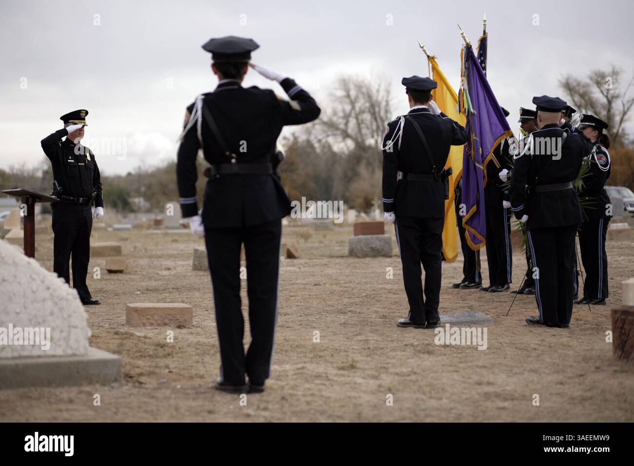 20 novembre 2011 - Albuquerque, NEW MEXICO, Stati Uniti - asec. Il capo dell'APD Ray Schultz (CQ), all'estrema sinistra, e i membri dell'APD Honor Guard salutano come ufficiale dell'APD Scott Mills (CQ), non raffigurato, giochi di Amazing Grace durante un servizio di commemorazione al cimitero storico di Fairview per il vice maresciallo E.D. Henry, che è stato il primo ufficiale delle forze dell'ordine di Albuquerque ad essere ucciso durante il servizio, fotografato lunedì 21 novembre 2011. Henry è morto il 20 novembre 1886. La nuova lapide di Henry si vede sotto la placca viola. (Immagine di credito: © Pat Vasquez-Cunningham/Albuquerque Journal/ZUMAPRESS.com) Foto Stock