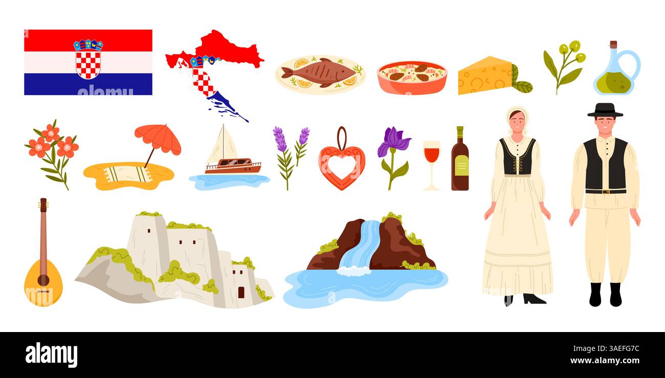 Viaggio in Croazia. Gente croata in costumi tradizionali e bandiera, mappa e paesaggio a cascata, edificio della città vecchia di Dubrovnik e vacanza in spiaggia, illustrazione vettoriale di cibo e vino Illustrazione Vettoriale