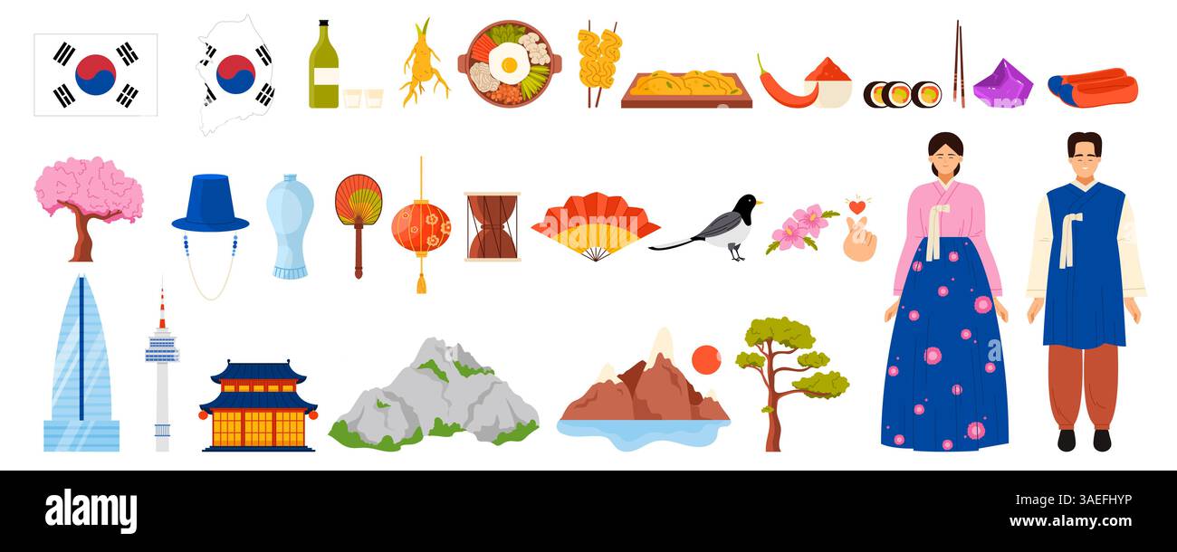 Viaggio verso la Corea del Sud. Elementi culturali e cibo famoso, popolo coreano in costumi hanbok, Palazzo Gyeongbokgung, Jeju Island e Liancourt Rocks, illustrazione bibimbap dei vettori dei cartoni animati Illustrazione Vettoriale